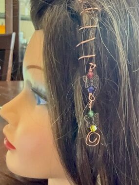 Butterflies, Crystals & Copper Colored Beaded Wire Spiral Hair Twist